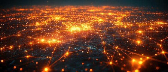 A vibrant network of glowing nodes interconnected by lines, representing a digital landscape filled with data and technology.