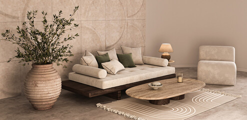 Serene living room with organic accents and lush olive tree 3d render