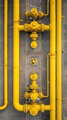 Yellow gas pipeline and valves. Modern oil and gas industrial technology. Industry infrastructure network, top view