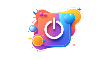 Vibrant 3d power button icon with colorful splashes and bubbles on transparent background