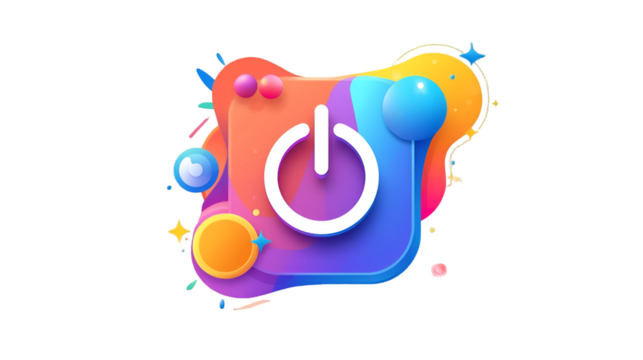 Vibrant 3d power button icon with colorful splashes and bubbles on transparent background