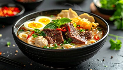 Delicious Asian Noodle Soup with Beef and Eggs.