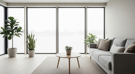 Fototapeta premium Serene Scandinavian Living Room with Large Windows and Potted Plants