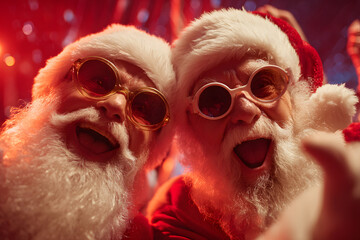Full size photo of excited two people santa claus elf dancing enjoying midnight party wearing eyeglasses eyewear hat headwear spectacles isolated over red background