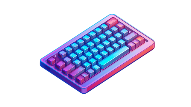 Vibrant neon glowing mechanical keyboard with translucent keycaps on a transparent background