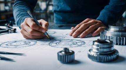 A person sketching mechanical designs on paper surrounded by gears and tools