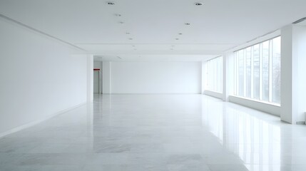 A bright, empty room with large windows allowing natural light to flood in, featuring white walls and a clean floor