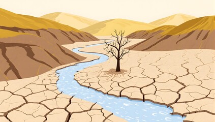 Dry cracked terrain with leafless tree near winding river surrounded by barren hills representing drought and environmental stress.