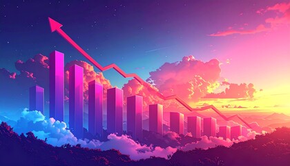 Colorful graph ascends then descends over a landscape