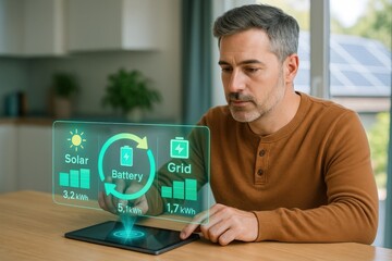 Monitoring solar energy use and battery storage in a modern home office digital interface indoor environment close-up viewpoint renewable energy concept
