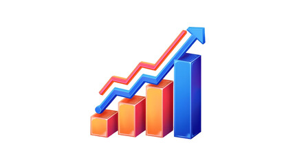 3d bar chart with upward trending arrow and zigzag line illustrating growth