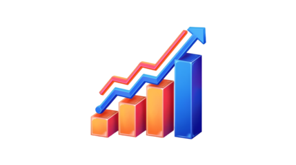 3d bar chart with upward trending arrow and zigzag line illustrating growth