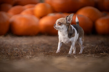 Piesek rasy chihuahua spaceruje na farmie dyń © nitka_zaplatana