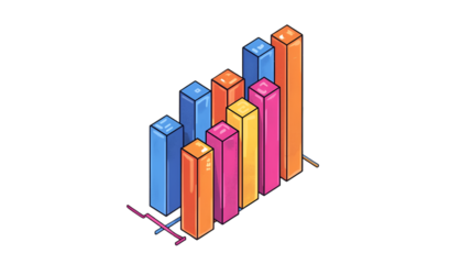 Isometric 3d bar chart showing upward trend and growth over time