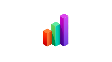 Isometric 3d bar chart with vibrant colors showing upward trend and growth on transparent background