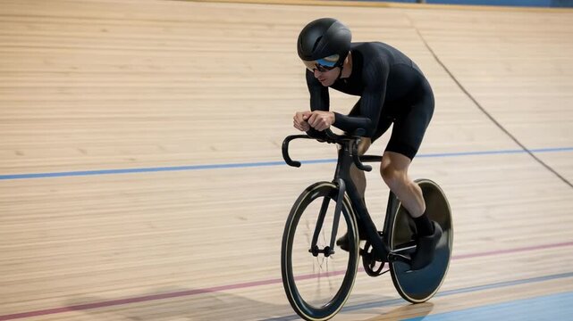 A focused cyclist training on a velodrome, demonstrating speed and precision in a dynamic and competitive environment.