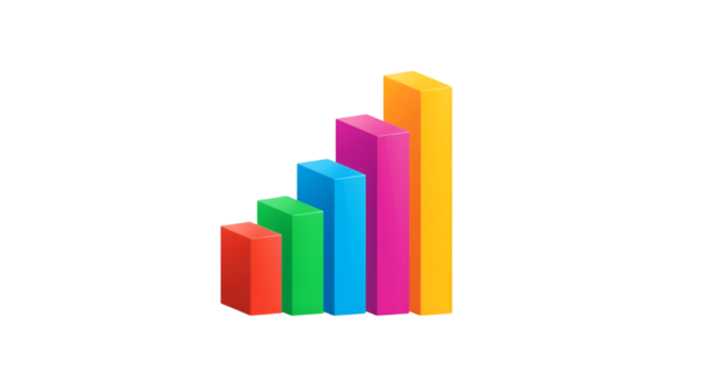 Colorful isometric bar chart showing upward growth and increasing trends on a transparent background