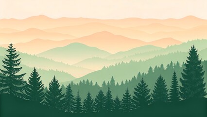 Fototapeta premium Scenic Mountain Landscape with Forest and Foggy Layers in a Serene and Peaceful Illustration