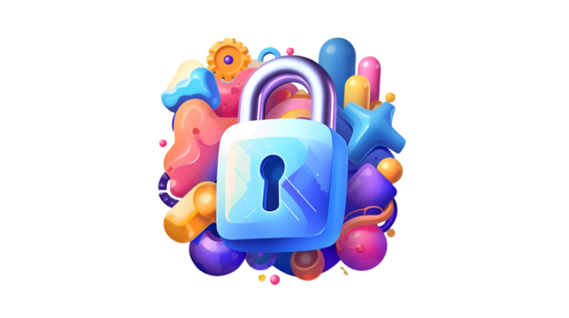 Brightly colored lock icon surrounded by playful abstract shapes and objects