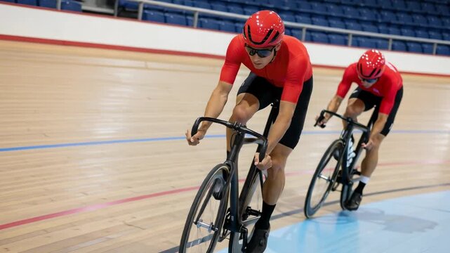 Two cyclists racing on a velodrome track, showcasing speed and athleticism while wearing red jerseys and helmets during a competitive training session.