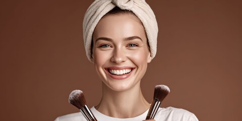 Young European Woman Smiling with Cosmetic Brushes in Beauty Routine