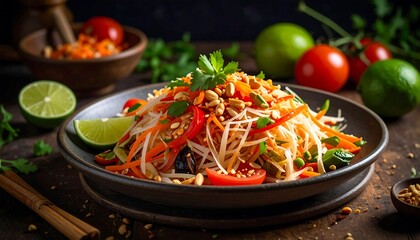 Colorful heap of vibrant salad on a dark plate
