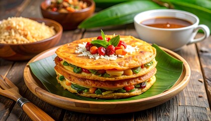Delicious Stacked Savory Pancakes with Fresh Garnish.