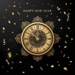 Obraz premium Festive New Year's Eve countdown celebration with an ornate golden vintage clock and shimmering confetti on a dark background
