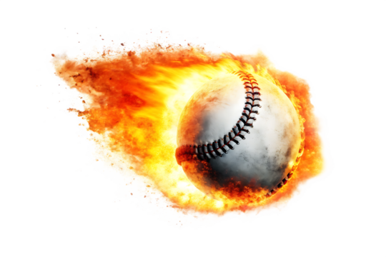 Baseball on Fire with Orange Flames and White Background sport game isolated on a transparent background