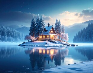 Fototapeta premium Cozy winter cabin on a snowy island