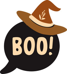 a black comic-style speech bubble with the word “BOO!” in beige letters, topped with a brown witch hat decorated with a small beige leaf design, creating a playful Halloween theme.
