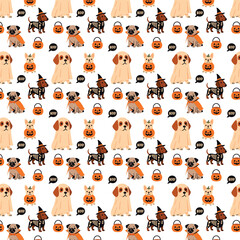 a seamless Halloween-themed pattern featuring cartoon dogs in costumes — including a pug vampire, a ghost dog, a dachshund skeleton witch, and a French bulldog pumpkin — along with jack-o-lantern buck
