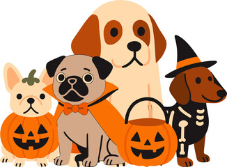 a group of cute cartoon dogs in Halloween costumes, including a French bulldog in a pumpkin suit, a pug in a vampire cape, a big dog in a ghost sheet, and a dachshund in a skeleton outfit with a witch