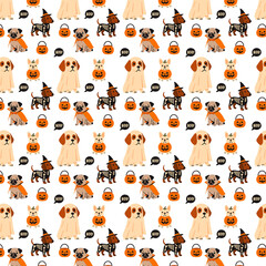 Obraz premium a seamless Halloween-themed pattern featuring cartoon dogs in costumes — including a pug vampire, a ghost dog, a dachshund skeleton witch, and a French bulldog pumpkin — along with jack-o-lantern buck