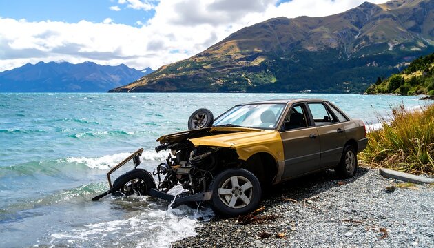 Damaged car submerged in water near a lake shore - Powered by Adobe