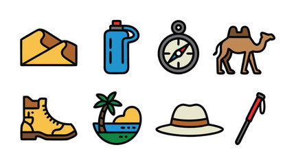 A Colorful Icon Set Featuring Desert and Tropical Adventure Gear and Landscapes