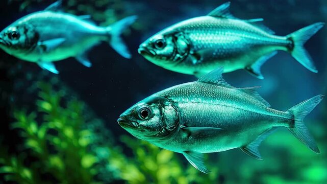A stunning underwater scene featuring shimmering fish gliding gracefully through a vibrant aquatic environment filled with lush greenery.