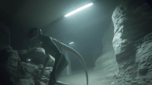 Creepy surveillance camera style footage showing a tall humanoid creature walking inside an underground tunnel.