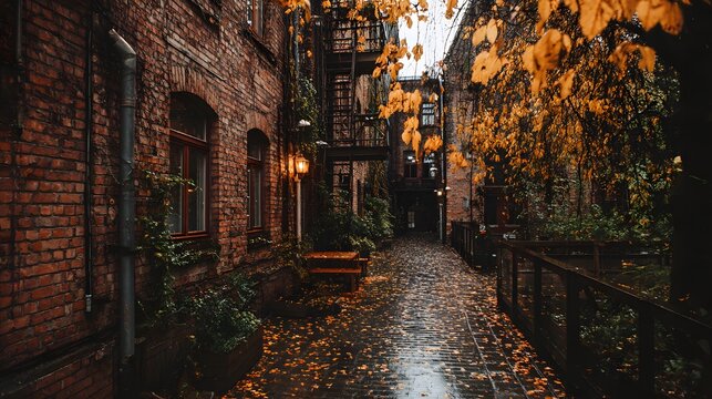 A narrow alleyway between old brick buildings, with autumn leaves scattered on the ground and trees with orange foliage