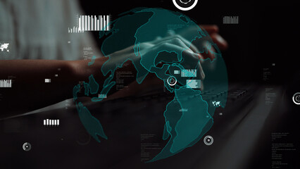 A close-up image of hands typing on a keyboard, enhanced with a digital globe and various data visualizations, illustrating themes of globalization and technology. Xenic