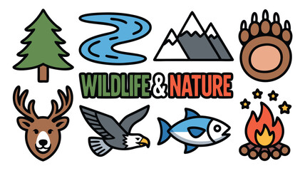 A Collection of Vibrant Wildlife and Nature Icons Featuring Forests Mountains Rivers Animals and Camping Elements for Outdoor Enthusiasts