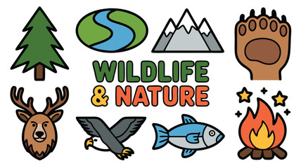 Collection of Stylized Icons Representing Wildlife and Natural Environments