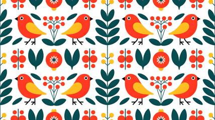 Flat seamless pattern with birds, leaves and berries in a Scandinavian folk art style. Vibrant colors, flat design, vector illustration.  © Elen_Art