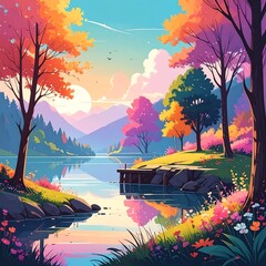 Colorful autumn landscape by a lake