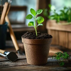 Biodegradable pot filled with potting soil ready for planting, with gardening tools and seedlings nearby on wooden table, eco-friendly gardening preparation concept with copy space