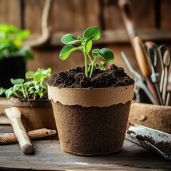Biodegradable pot with potting soil, ready for planting, gardening tools and seedlings nearby on wooden table, with copy space