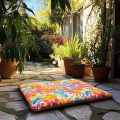 Brightly colored kneeling pad on stone patio surrounded by potted plants with sunny garden scene in background, vibrant gardening accessory with copy space
