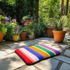 Brightly colored kneeling pad on stone patio surrounded by potted plants, sunny garden scene in background, gardening comfort and outdoor workspace concept with copy space