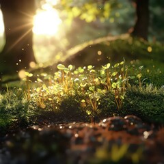 Cluster of wild sprouts growing among grass and moss with dew-covered leaves and warm sunlight filtering through trees, fresh natural forest growth scene with copy space