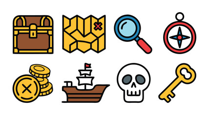 Collection of Pirate Themed Icons Including Treasure Chest Map Magnifying Glass and Compass